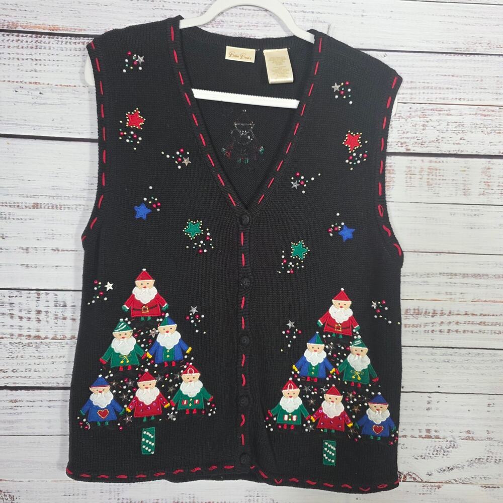 Bobbie Brooks Christmas Sweater Vest L Embroidered Santas in Tree Formation etc